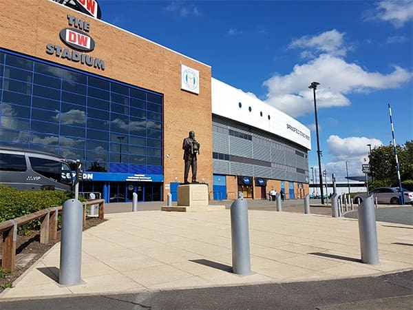 Security bollards installed at DW Stadium entrance, enhancing safety and perimeter control.