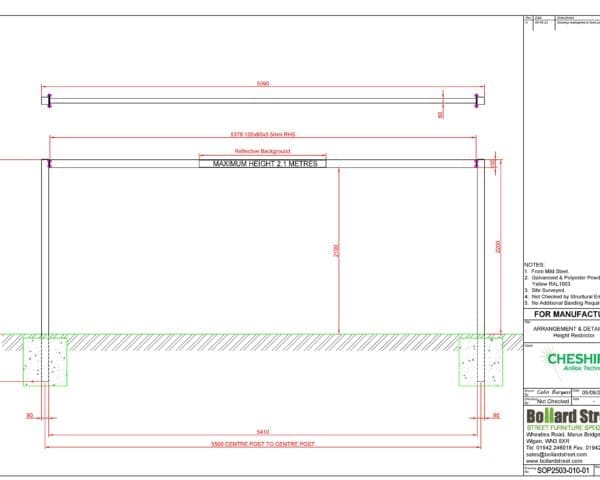 Detailed CAD drawing of a square robust height restriction barrier showcasing design specifications and dimensions